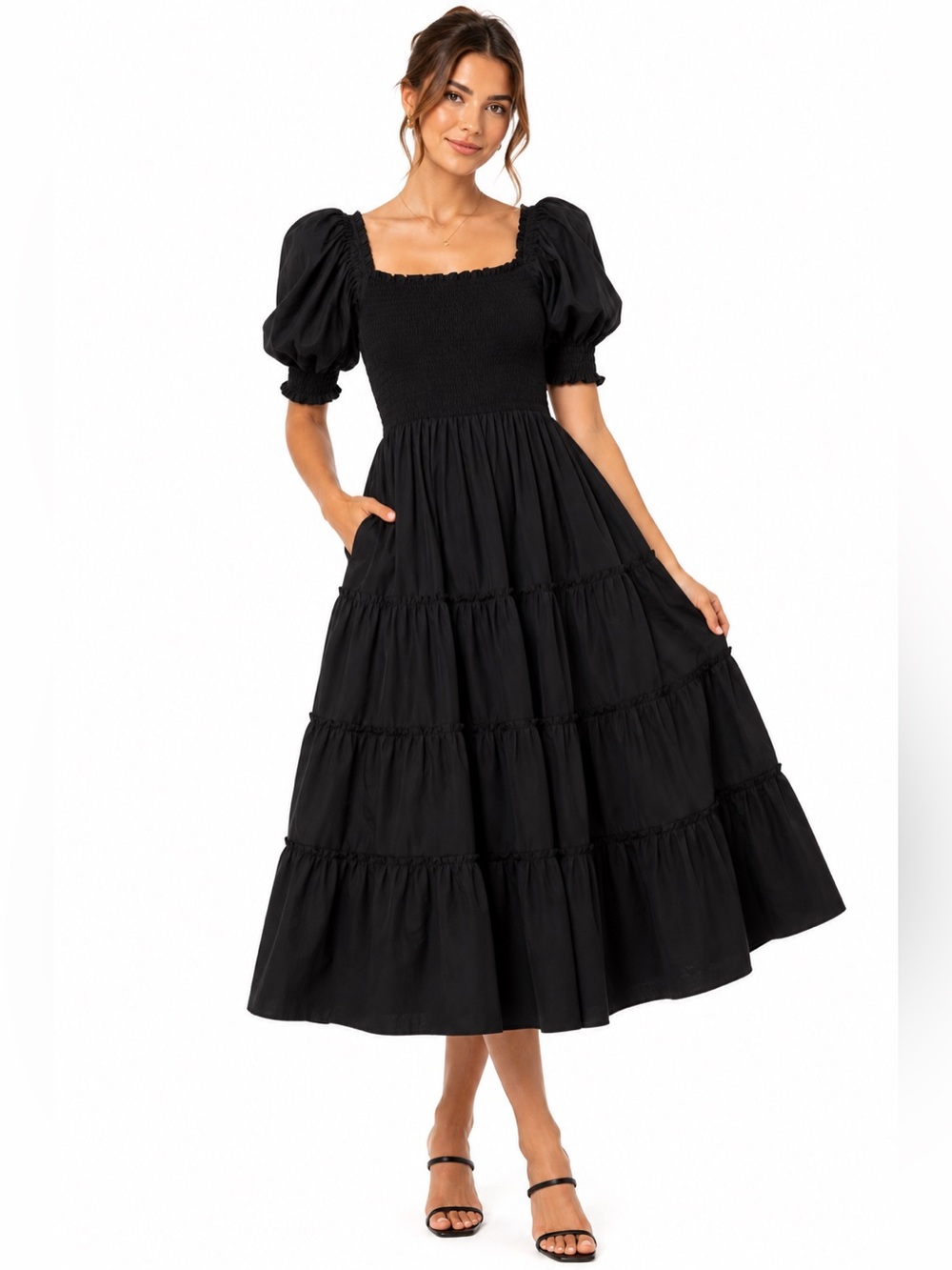 Hill House Home The Nesli Nap Dress Black XS Smocked Puff Sleeve Midi